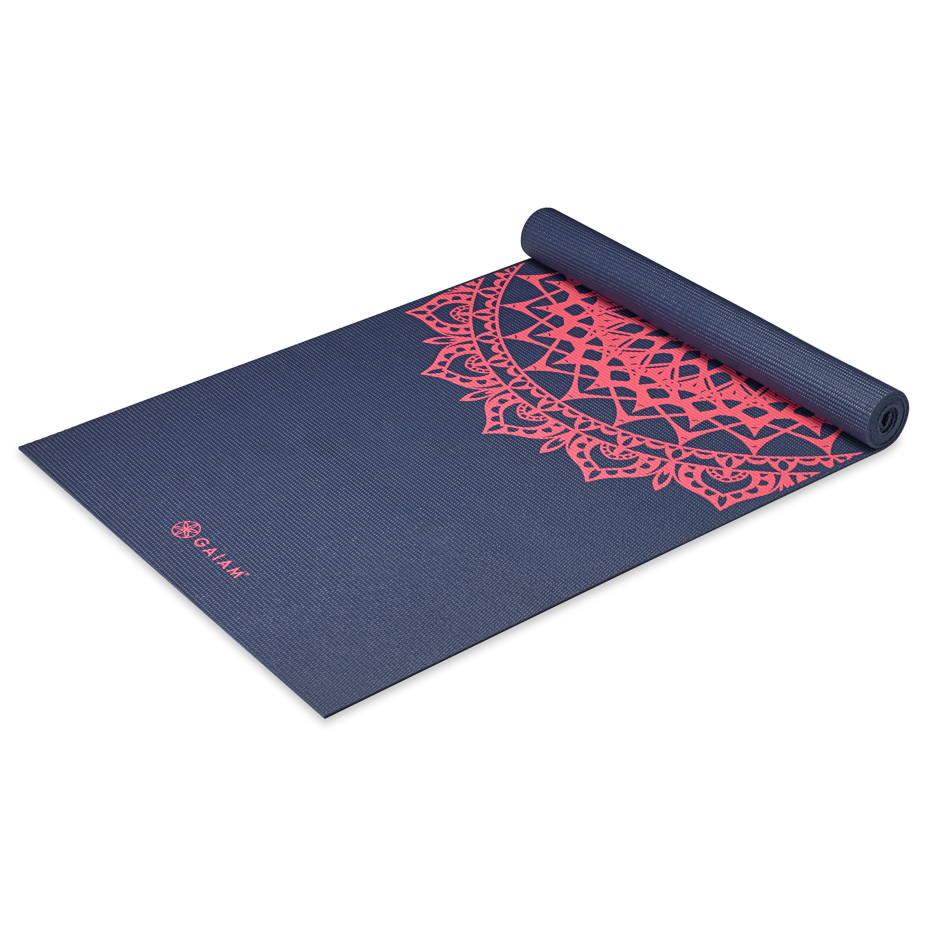 Gaiam Navy Fleur Marrakesh Yoga Mat (4mm) top rolled angle